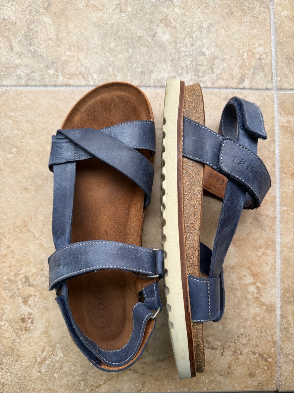 Taos Sideways Sandals Navy Leather Adjustable Hook & Loop Strap 10/10.5 US 41 EU